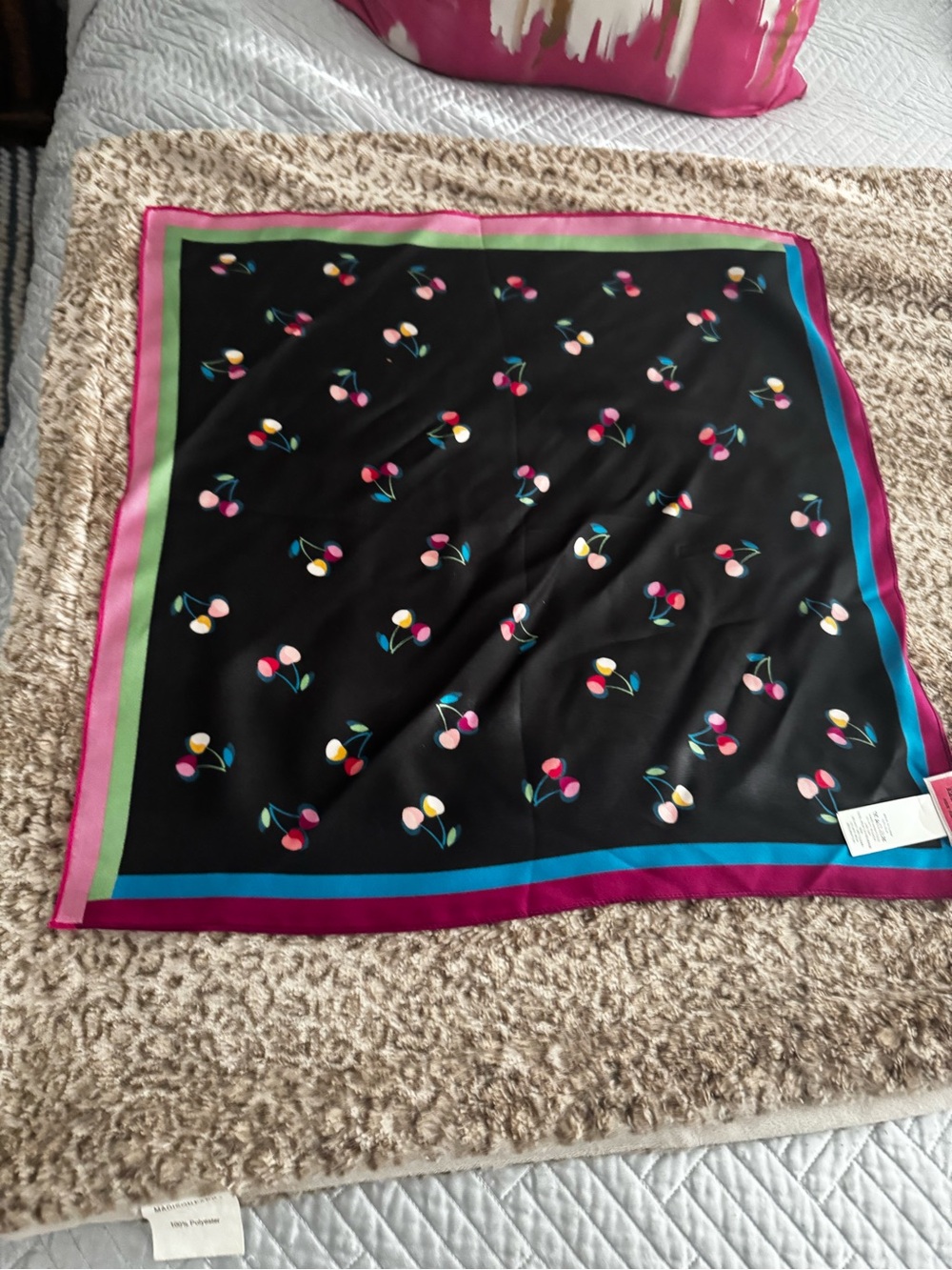 Kate Spade 100% Silk Cherry Print Square Scarf - Black with Pink & Blue Accents
